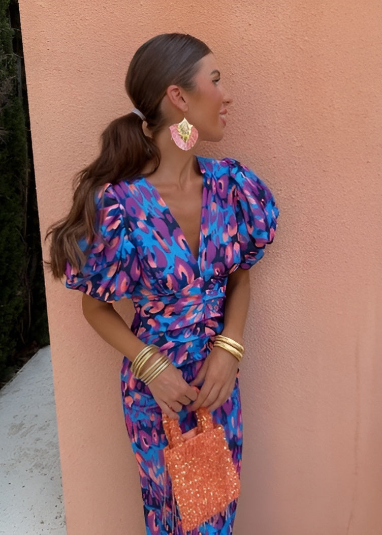 Rhea™ | Luxe Puff-Sleeve V-Neck Rich Dress