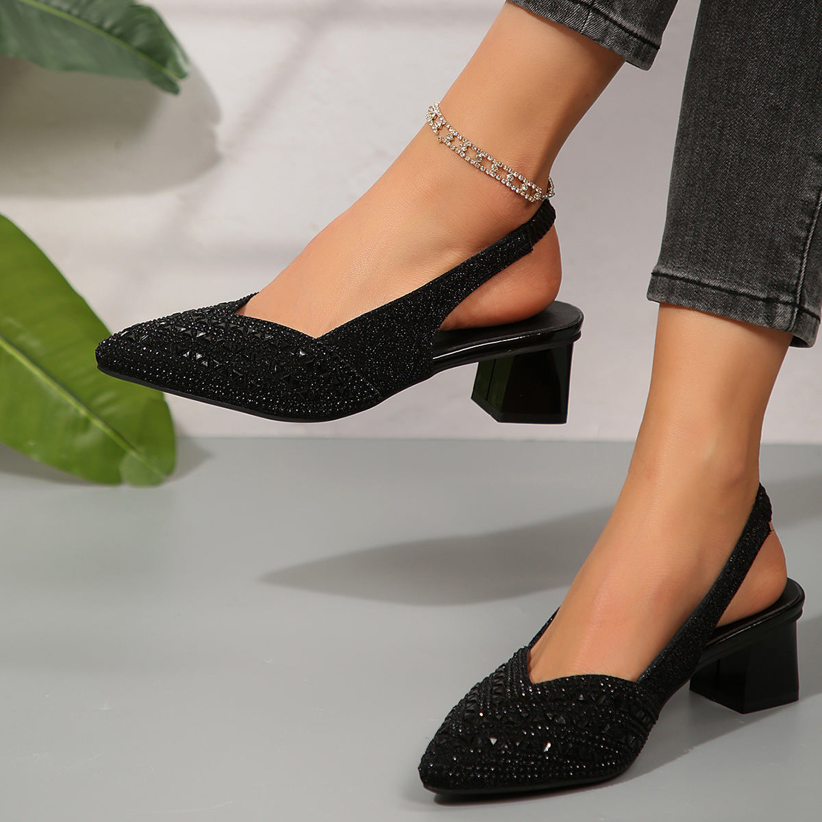 Women’s Elegant Rhinestone Slip-On Heel Sandals