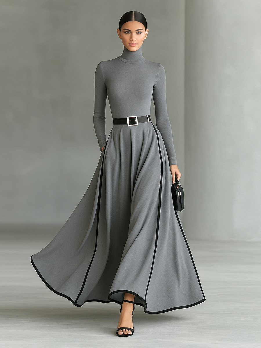 Romilly - Long Sleeve Tight Belt Maxi Dress